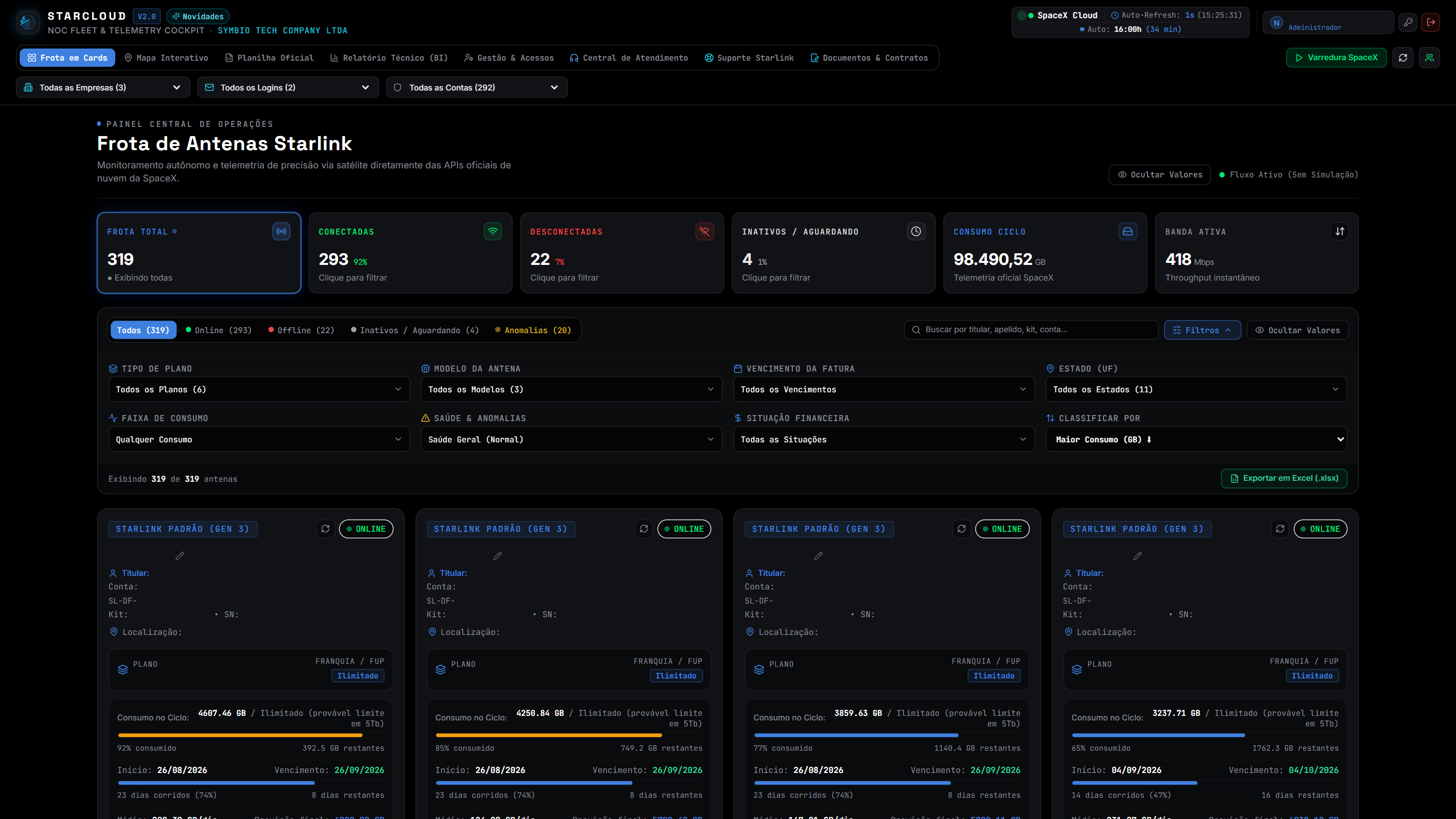 StarCloud NOC Cockpit - Painel de Frota em Cards